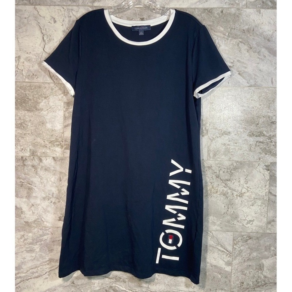 Tommy Hilfiger Women's Navy Blue‎ Casual T Shirt Dress Short Sleeve Logo Sz L
